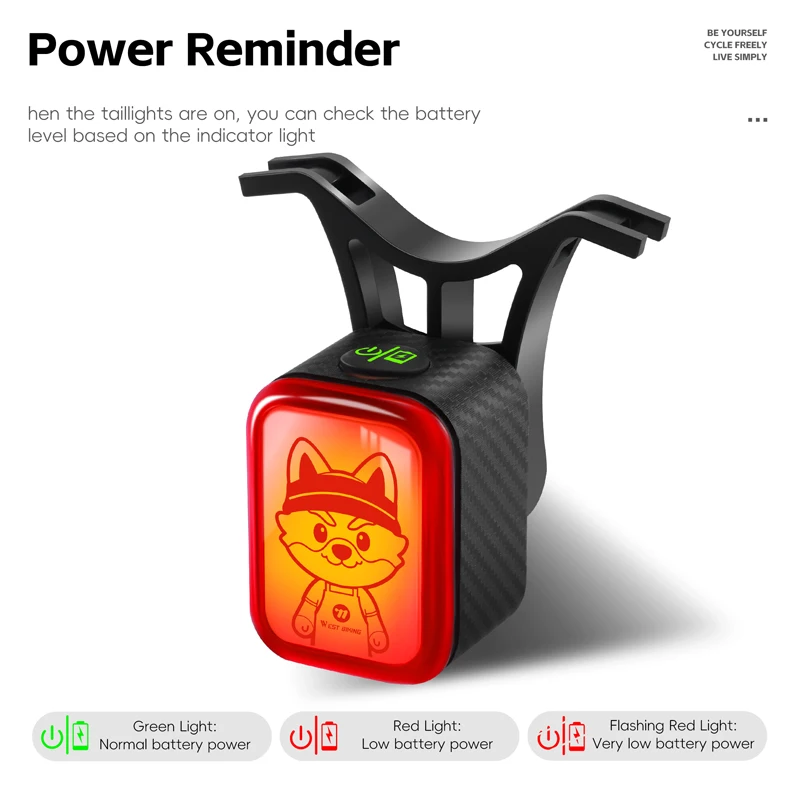 Фото Задний фонарь для велосипеда WEST BIKING Cartoon IP Smart Bike Taillight с функцией автоматического включения/выключения при вибрации, водонепроницаемый IP66, светодиодный, с разъемом Type-C. №5