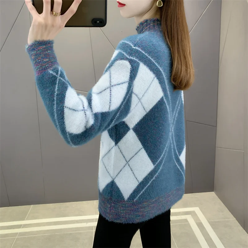 

Winter Autumn Fashion Thick Half High Collar Faux Mink Cashmere Sweater Women Slim Patchwork Long Sleeve Pullovers Tops Female