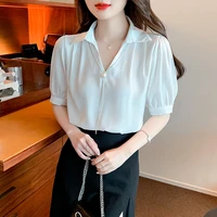 office lady blue color chiffon blouses 2022 summer short sleeve v neck pink women clothing thin shirts casual korean fashion top