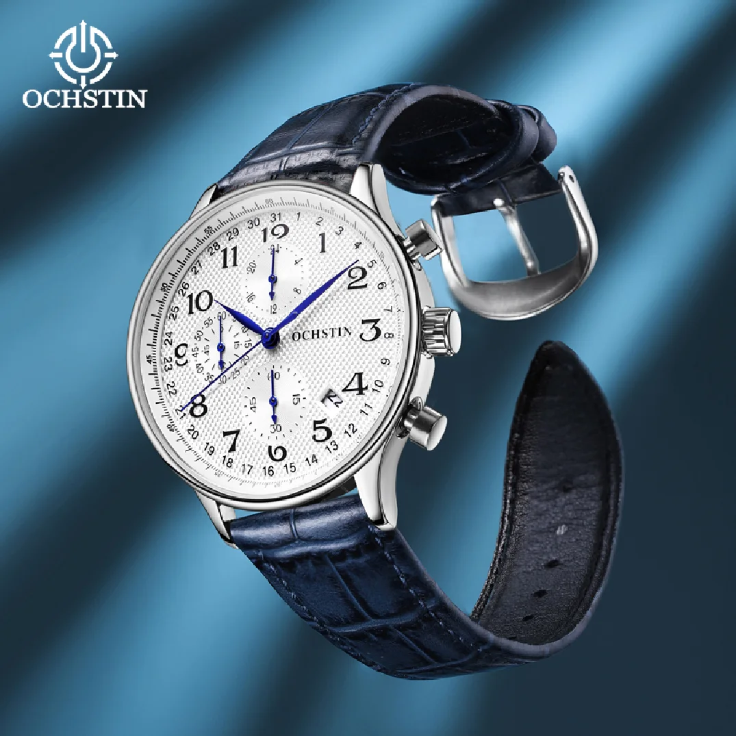 

OCHSTIN Mens Luxury Watch Pilot Analog Quartz Chronograph Auto Date Leather Strap Wristwatch Business Dress Male Clock Gift Box
