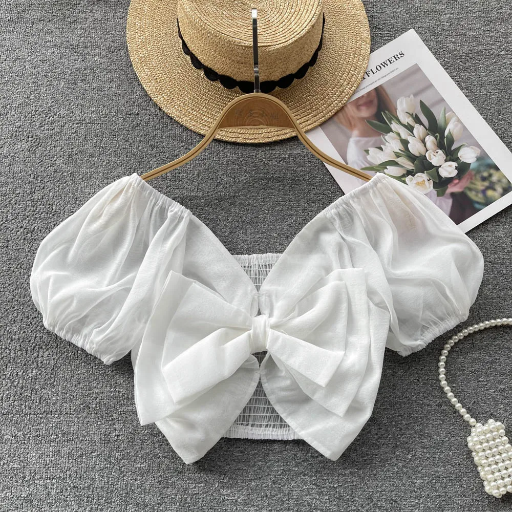 

Summer French Niche Design Sense V-neck Short-sleeved Tied Waist Thin Short Chic Tops