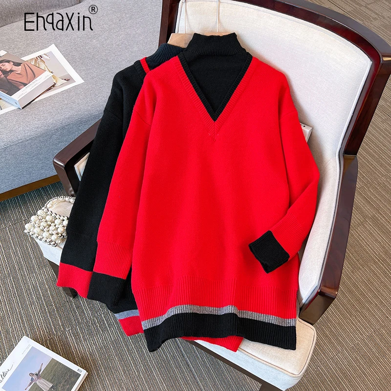 

EHQAXIN Autumn Winter New Women's High Neck Sweater 2022 Casual Contrast Splice Thickened Knitted Pullover Sweater Ladies M-3XL