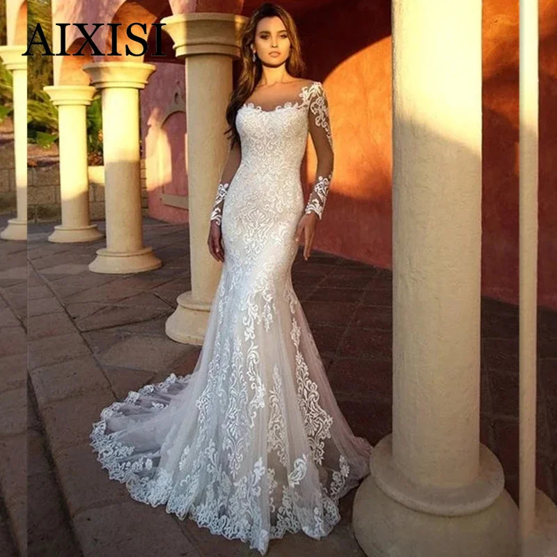 AIXISI Elegant Mermaid Wedding Dress Full Sleeves Sweetheart Vestidos De Novia Lace Tulle Appliques Robe De Mariee 2022 New