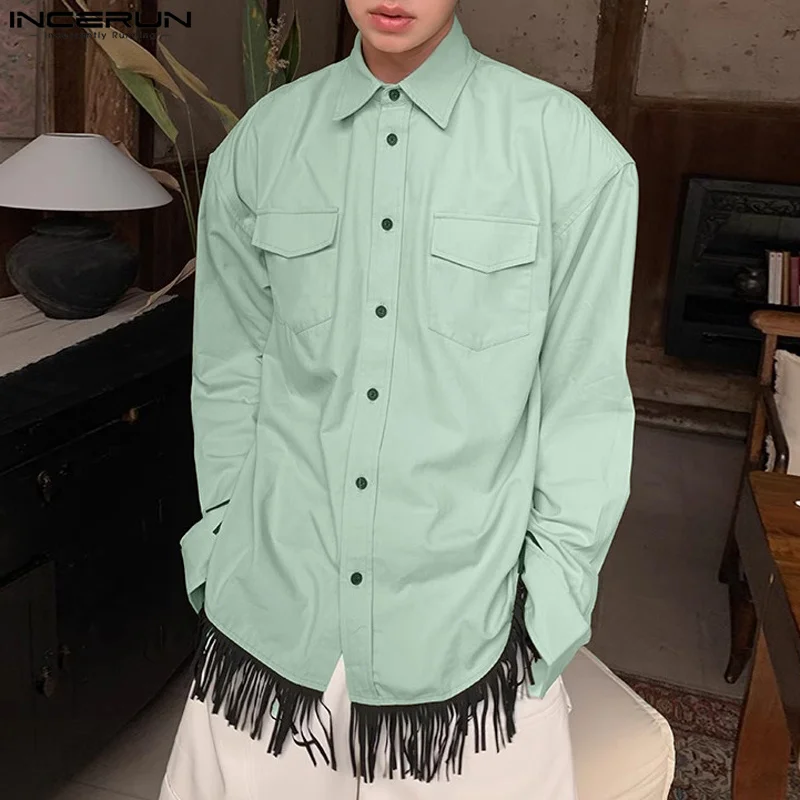 

2023 Men Shirt Tassel Patchwork Lapel Long Sleeve Streetwear Men Clothing Korean Style Loose Fashion Casual Shirts S-5XL INCERUN