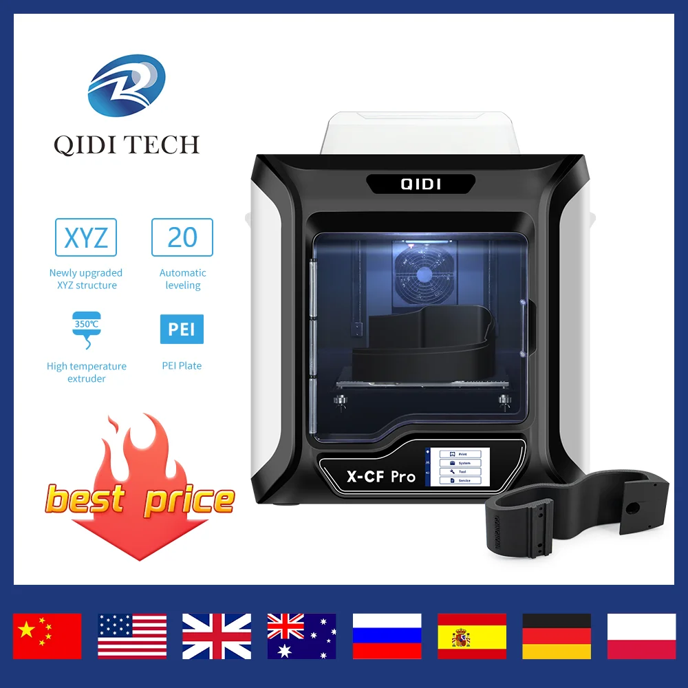 3D-принтер QIDI TECH X-CF PRO, большой размер 30*25*30, автоматическое выравнивание, Wi-Fi печать, углеродное волокно, нейлон, настольный промышленный FDM принтер