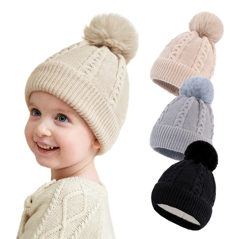 

Cute Pompom Winter Hat Baby Boys Knit Hats Solid Color Kids Beanie Fleece Lining Infant Girl Cap Newborn Bonnet Accessories 0-3Y