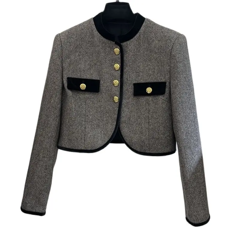 

Женская короткая куртка с круглым вырезом, однобортная подиумная Серая шерстяная куртка составного кроя с бархатной подкладкой, 23 Цвета, Y2K