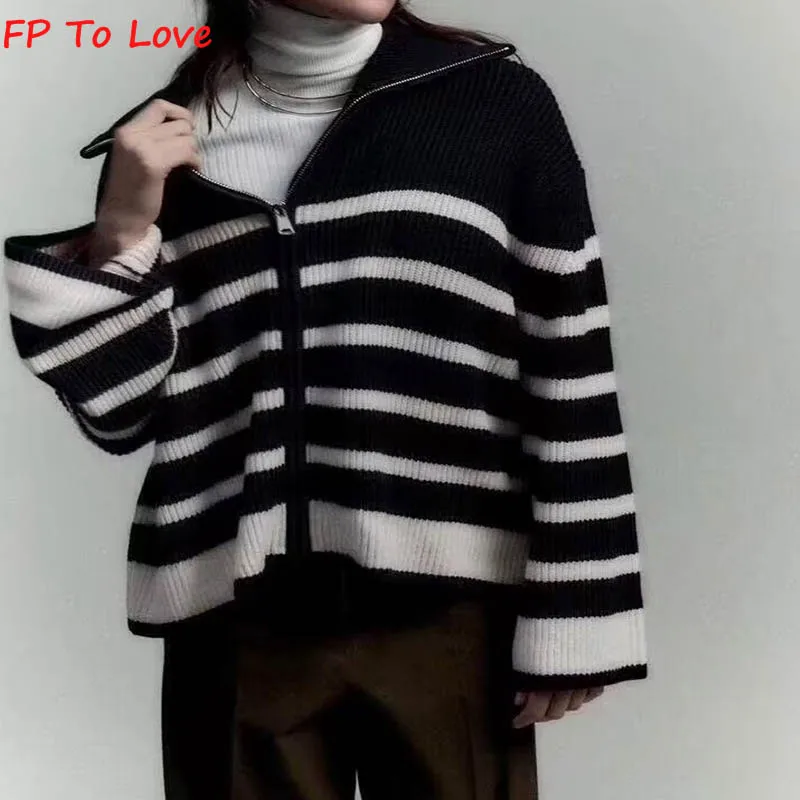 

FP To Love винтажный осенне-зимний Повседневный свободный черный белый полосатый свитер вязаный кардиган с воротником с лацканами Модные топы ...