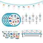 Для детского дня рождения, Морские обитатели, товары для вечерние, одноразовая посуда, тарелка, чашка, стеклянная соломенная скатерть, баннер