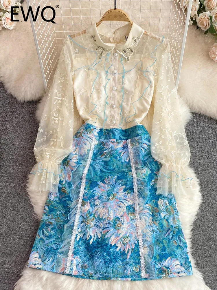 

Милое Стильное женское платье EWQ, Сетчатое лоскутное жаккардовое ТРАПЕЦИЕВИДНОЕ ПЛАТЬЕ с отложным воротником и вышивкой из стразов, Осень-зима 2023, Новинка