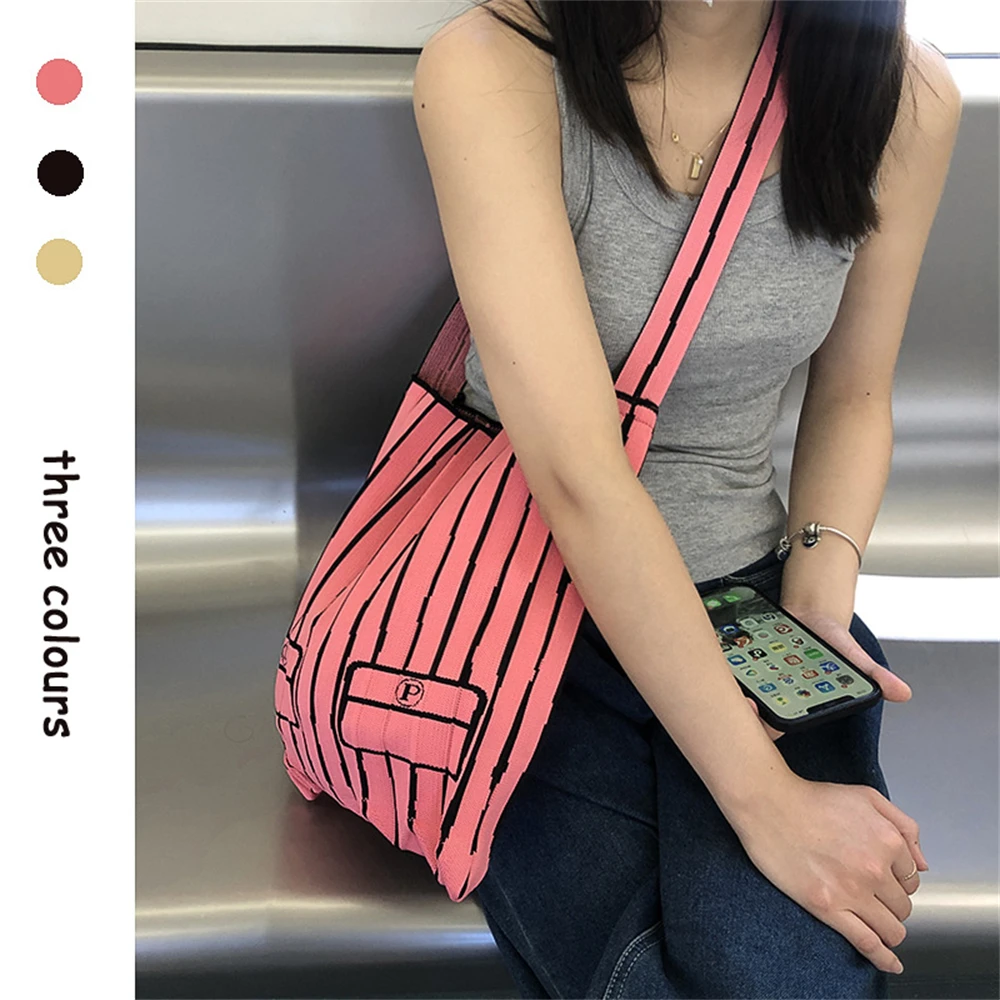 

Вместительные сумки для покупок в Корейском стиле, женские шикарные складные вязаные плиссированные сумки, женская модная сумка-тоут в полоску со вставками