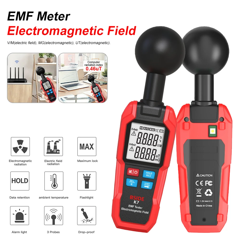 

EMF Meter Electric Field Electromagnetic Field Radiation Strength Meter with Temperature Gauge Digital LCD Display EMF Detector
