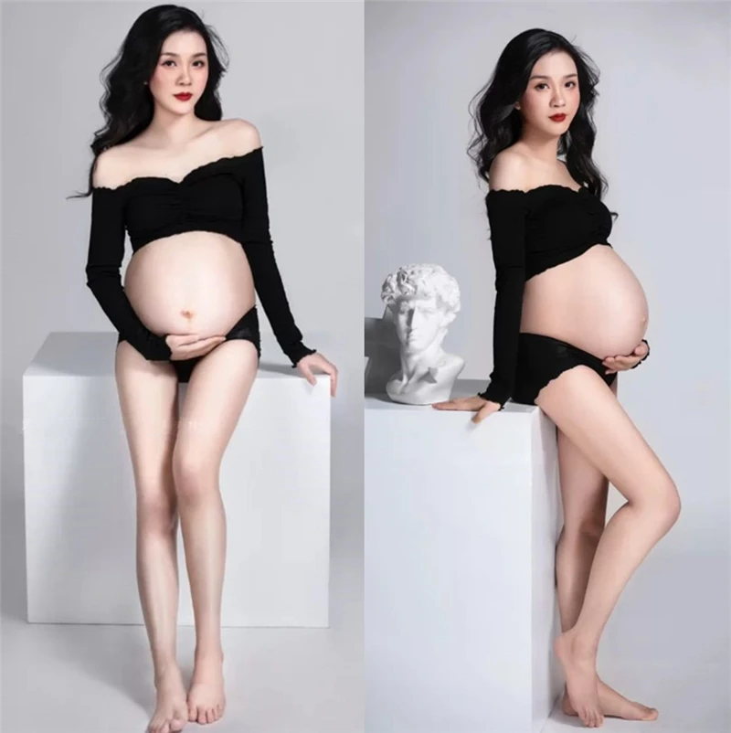 Women Photography Props Maternity Set Pregnancy Black Full Sleeve Off-shoulder Top Shorts 2 pieces Studio Photoshoot Clothes