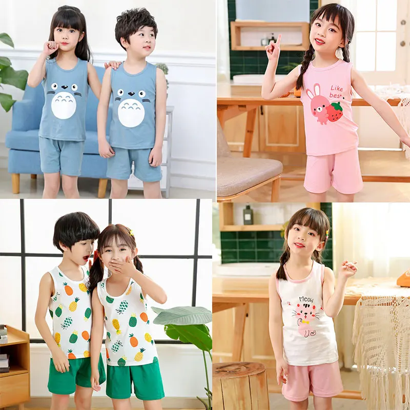 

Baby Girl Clothes Sleeveless Kids Pajamas Cartoon Totoro Dinosaur Pyjamas 2pcs Children's Vest Sets Summer Toddler Boys Clothing