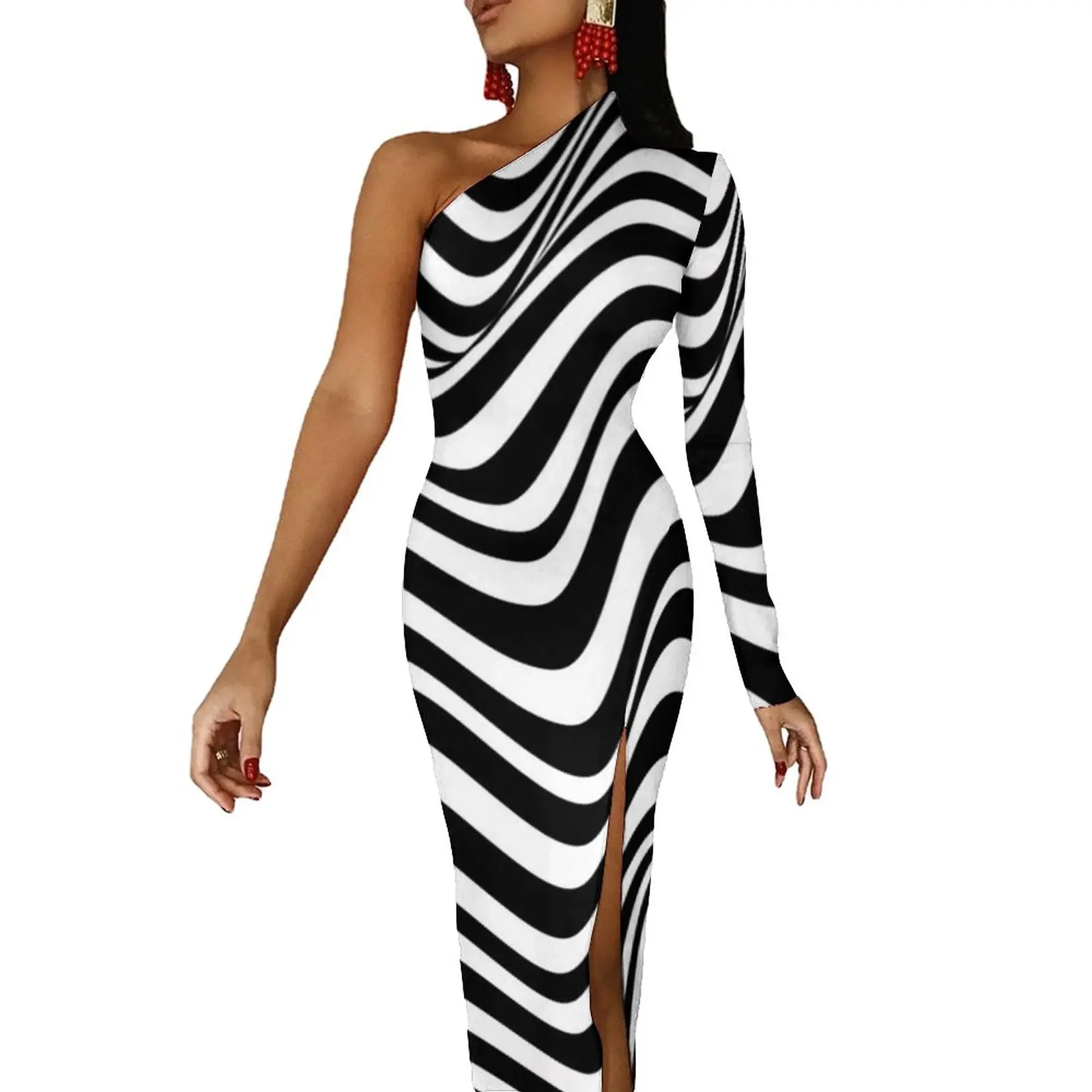 Abstract Stripped Design Bodycon Dress Womens Black White Stripes Club Maxi Dress Autumn Long Sleeve Streetwear Graphic Dresses