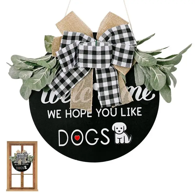 

Welcome Sign For Front Door Wooden Hung Art Wall Decor Rustic Welcome Wreaths With Stapled Greenery And Plaid Bow Round Wooden