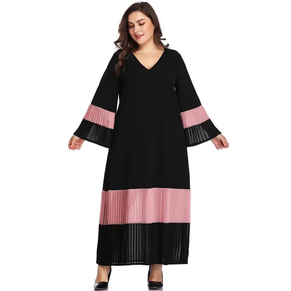Plus Size Women Clothing Patchwork Contrast Color Long Sleeve Ladies Dress Urban Casual Pleated Skirt 2022 2XL-5XL Oversized