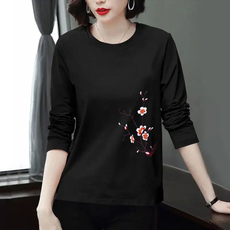 Хлопковая футболка с длинным рукавом женская свободная размера плюс базовый