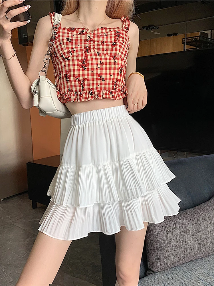 

GGRIGHT Vetement Femme Casual White Chiffon A Line Skirts Elastic High Waist Layered Mini Pleated Skirt Faldas Mujer Moda