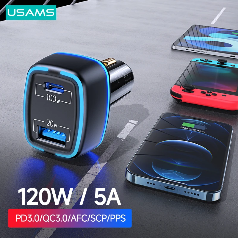 

USAMS 120W Fast Car Charger PD QC3.0 AFC SCP PPS Dual USB Phone Charger For iPhone Xiaomi Huawei Samsung Laptops Tablet Switch