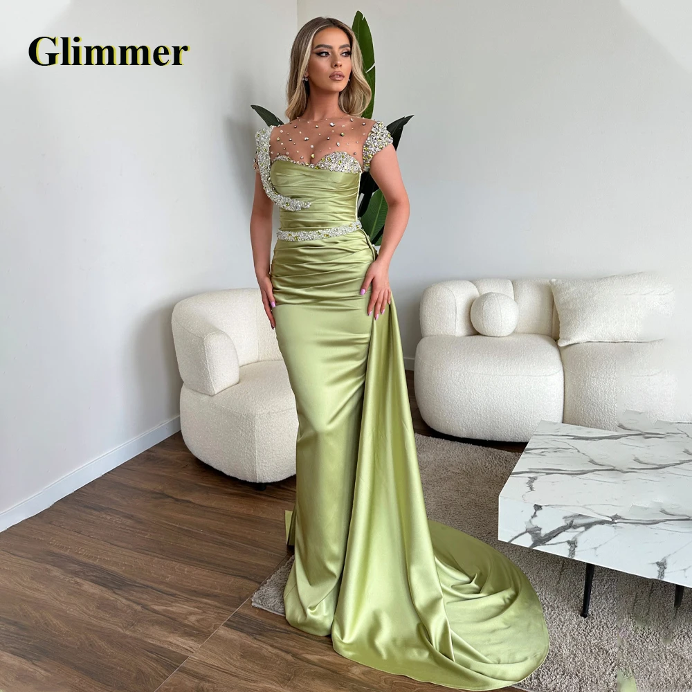

Glimmer Glamorous Trumpet Celebrity Dresses Crystals Rhinestones Satin O-Neck Brush Train Vestido De Formatura Custom Made