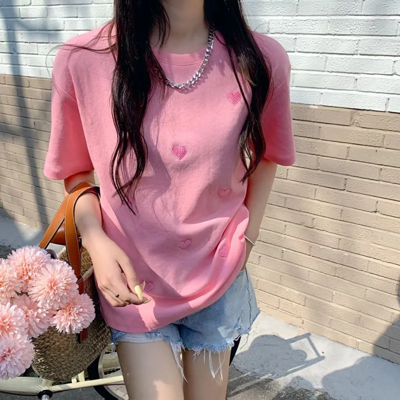 

New Summer Clothes For Women Korean Fashion Short Sleeve Tees Tshirts For Women Love Embroidery 0 Neck Blouses Or Tops Female
