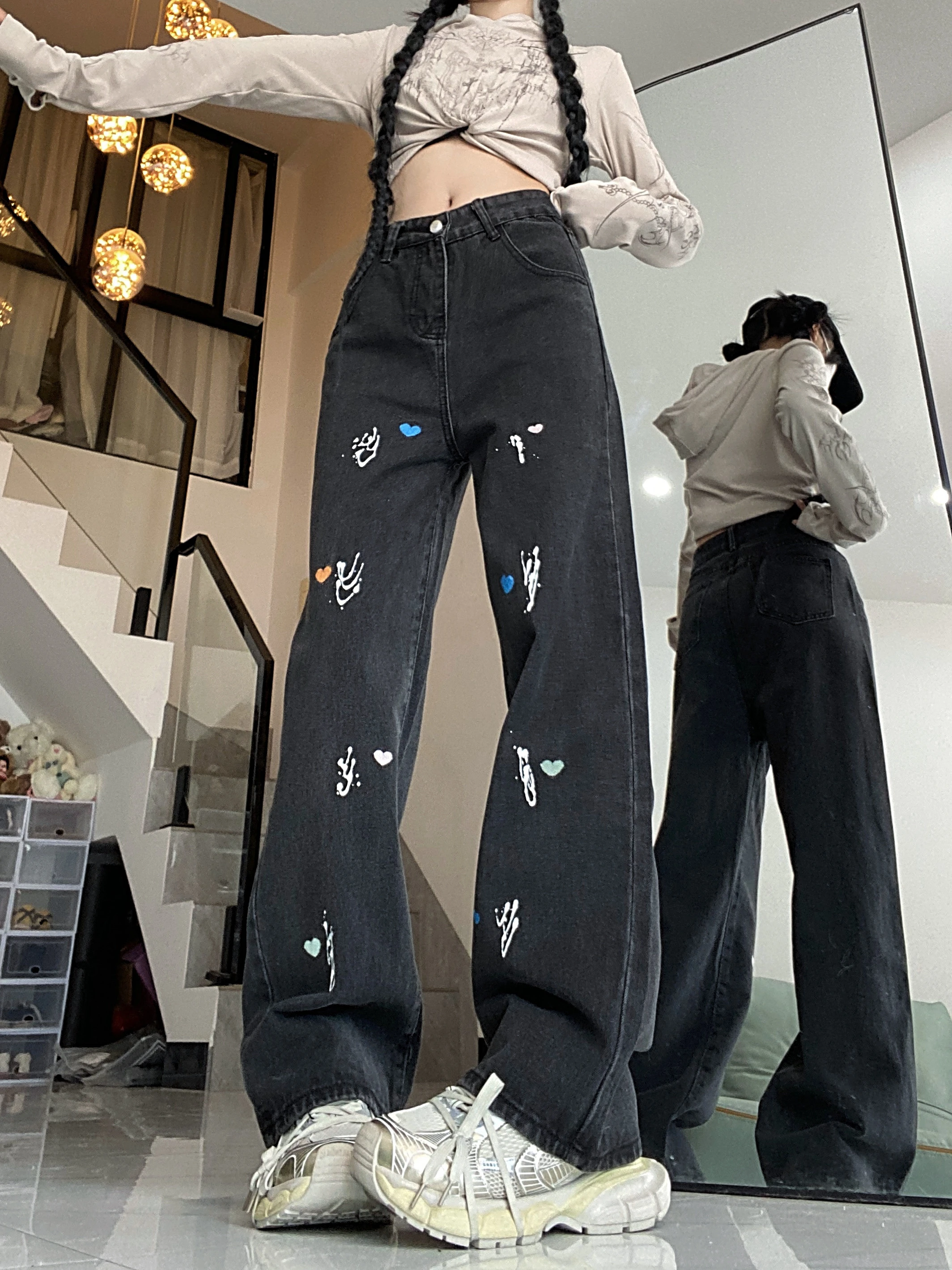 Джинсы WCFCX женские с вышивкой в стиле Харадзюку черные широкие брюки из денима