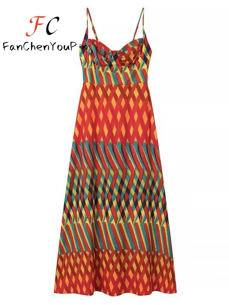 Платье женское длинное на бретельках с принтом без рукавов