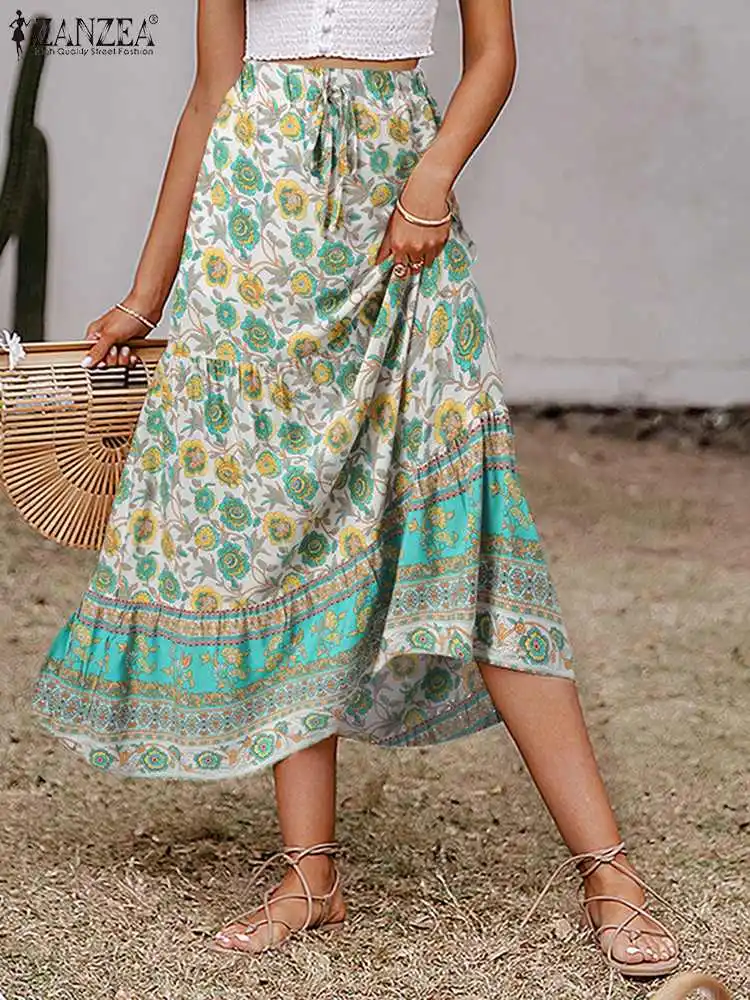 

Women Summer A Line Saias ZANZEA Bohemian Floral Printed Skirt 2022 Chic Holiday Swing Jupe Femme Casual Beach Maxi Mujer Faldas