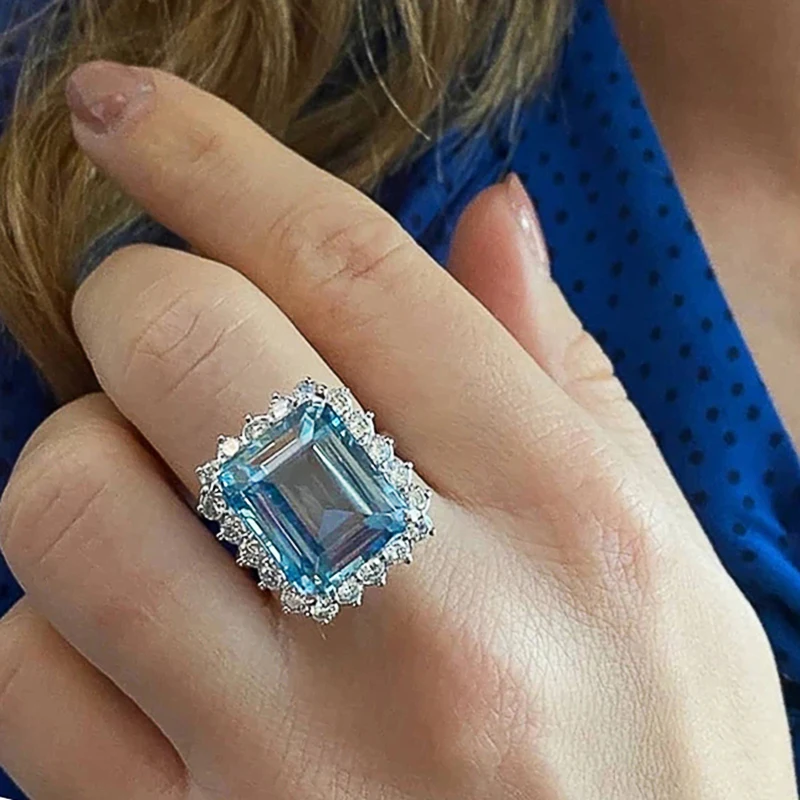 

Huitan Geometric Square Blue Cubic Zirconia Ring Brilliant Wedding Ceremony Party Women's Accessories Gifts Statement Jewelry