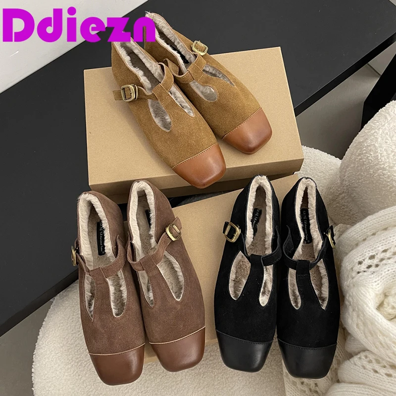 

Women Lolita Shoes For Autumn Winter Fur Warm Female Flats With Fashion Footwear Buckle Strap Shallow Ladies Marry Janes Shoes