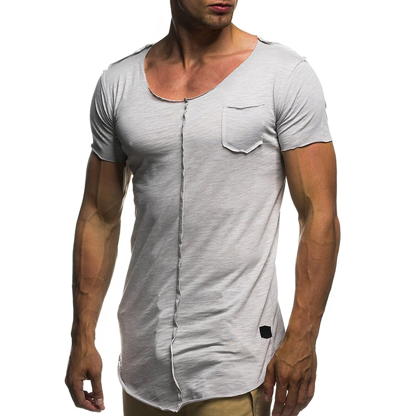 

Men Short Sleeve T shirt Skinny Slim Fit Longline Cure Hem Tshirt Splicing Bust Pocket T-shirt Men Hip Hop Streetwear Clothing