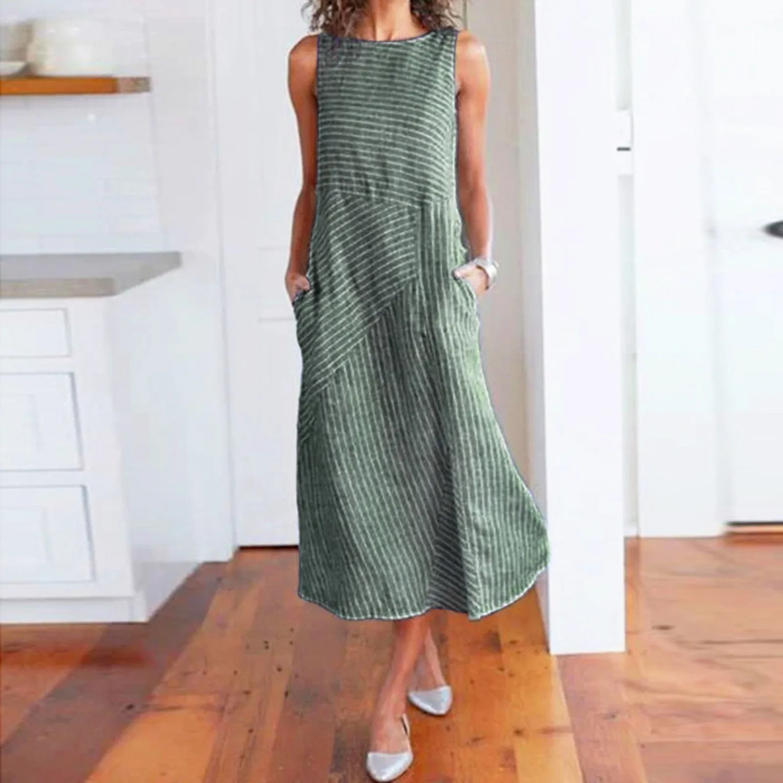 

Summer O Neck Enough Stock Short-sleeved Dress Green Striped Dresses Casual Elegant Slim Dress Vestidos Elegantes Para Mujer