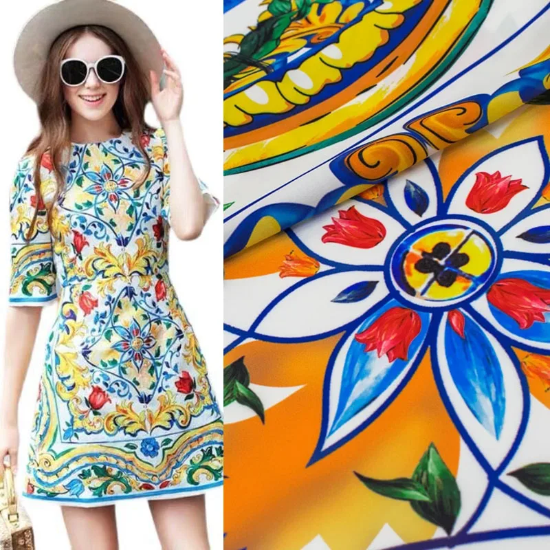 

Fashion Blue And White Porcelain Pattern Imitate Cotton Digital Printing Fabric For Woman Dress Платье Tissus DIY Cloth Sewing