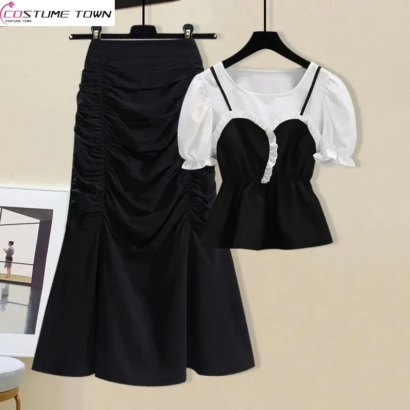 

2023 Spring and Summer Korean Version Fake Two-piece Bubble Sleeve Short-sleeved Shirt Reducing Age Fishtail Skirt Two-piece Set