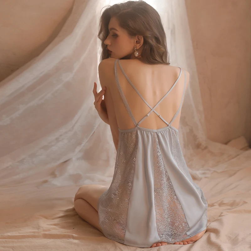 Women Pajamas Sexy Nighty Dress Nightgowns Women Lace Nightwear Women's Pajamas Night Skirt Long Robe Sexy Lace Slip Dress  Set