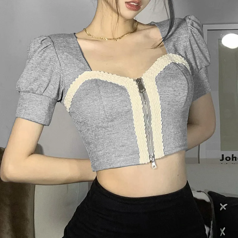 

Летняя модная повседневная Универсальная женская кофта с пышными рукавами и воротником, облегающая футболка контрастных цветов с пупком