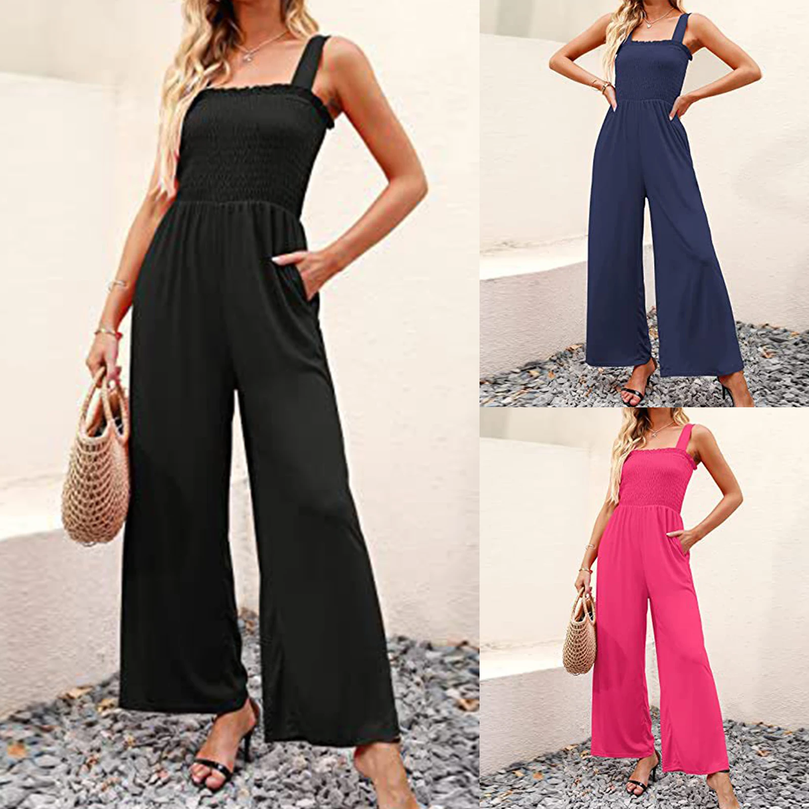 

Elegant Square Neck Straphetti Strap Long Jumpsuit Summer Skinny Loose Wide Legs Bodysuits Solid Color High Waist Playsuits