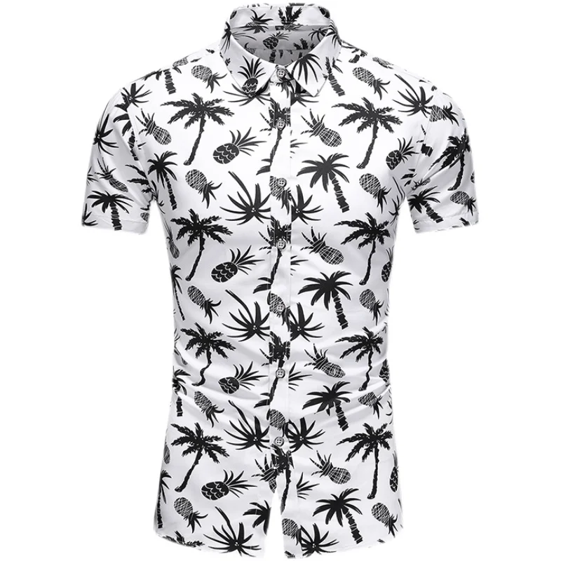 

LIFENWENNA Pineapple Printed Shirt Men Summer Short Sleeve Black White Mens Hawaiian Shirts Man Vacation Holiday Blouse 6XL 7XL