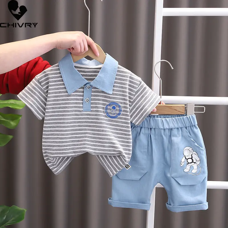 

New Boys Fashion Clothing Sets Baby Boy Summer Cartoon Striped Lapel Short Sleeve T-shirt Tops with Denim Shorts Kids Clothes