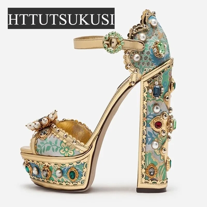 

Retro Jewel-Embellished Metallic Leather Platform Sandals Luxury Embroidery Chunky Heels Banquet Dress Shoes