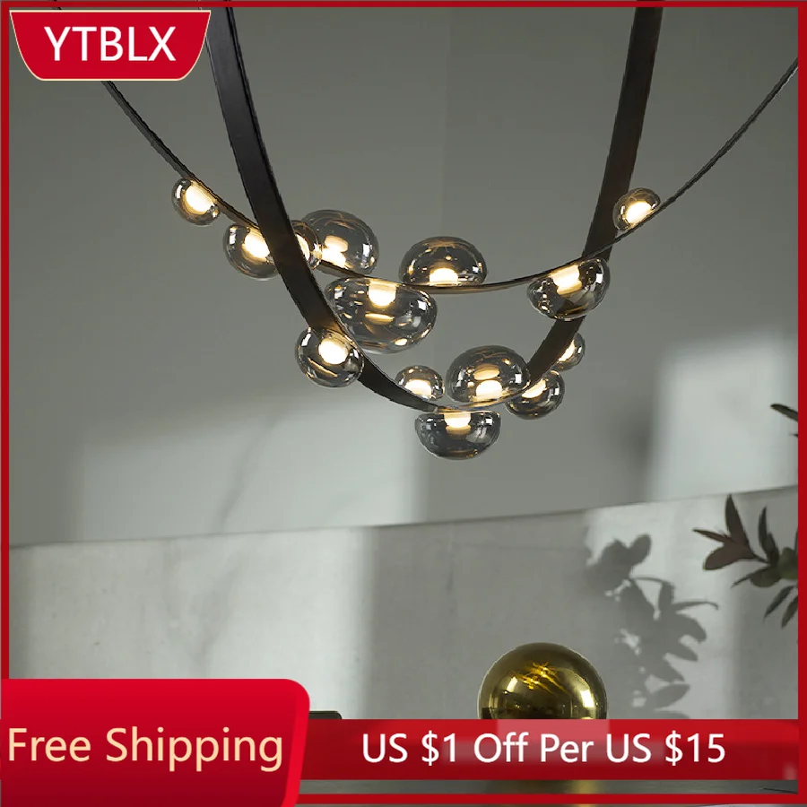 

Postmodern Handmade Leather Pendant Lights Glass Lampshade Black Main Light Living Hall Restaurant Exhibition Hall Hanging Lamp