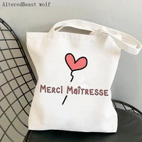 french thank you mistress women canvas kawaii shopping shoulder bag merci atsem harajuku bag gift for teacher shoulder bags