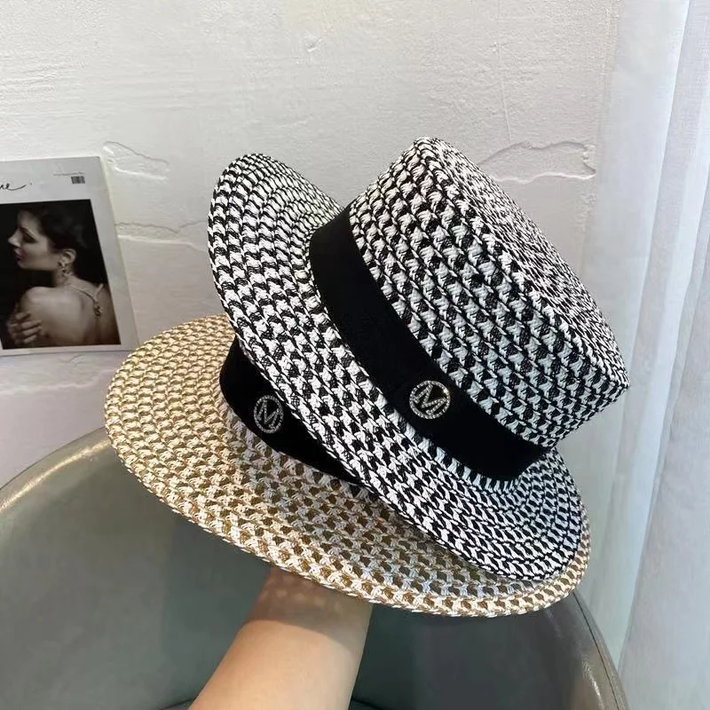 Black White Flat Top Fedora Cap Wide 