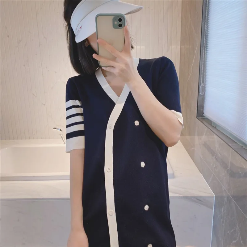 High Quality Korean Style TB Summer High-end Design Sense Niche Knitted Ice Silk Double-breasted Contrast Color Dress Women