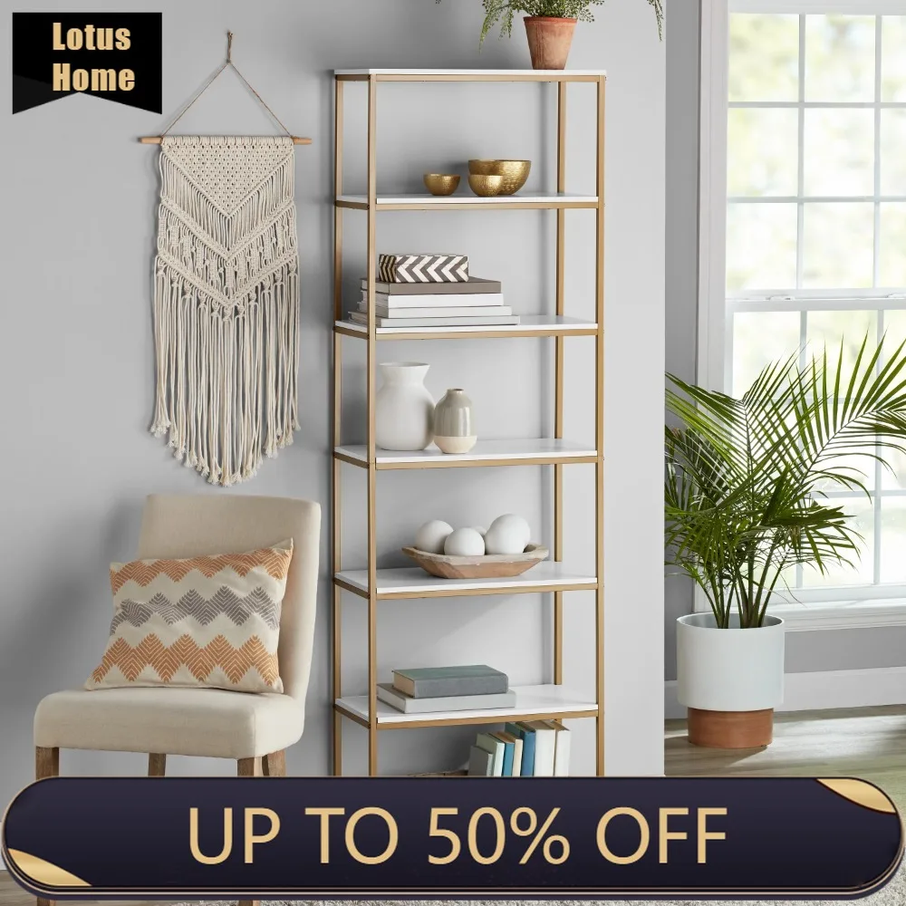 

6-Shelf Gold Metal Frame Bookcase, White