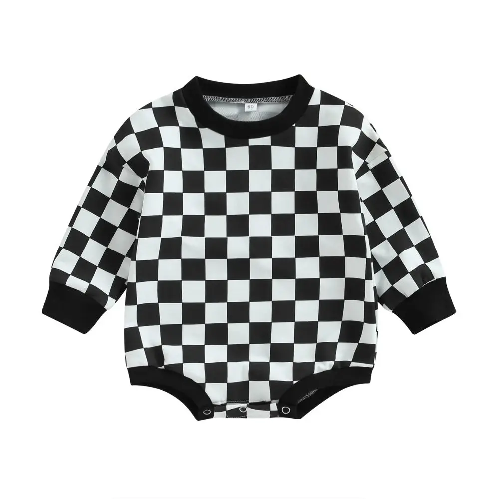 

2023 Baby Boy Girl Sweatshirt Romper Checkered Clothes Oversized Long Sleeve Pullover Bodysuit Checkerboard Outfit for 0-24M