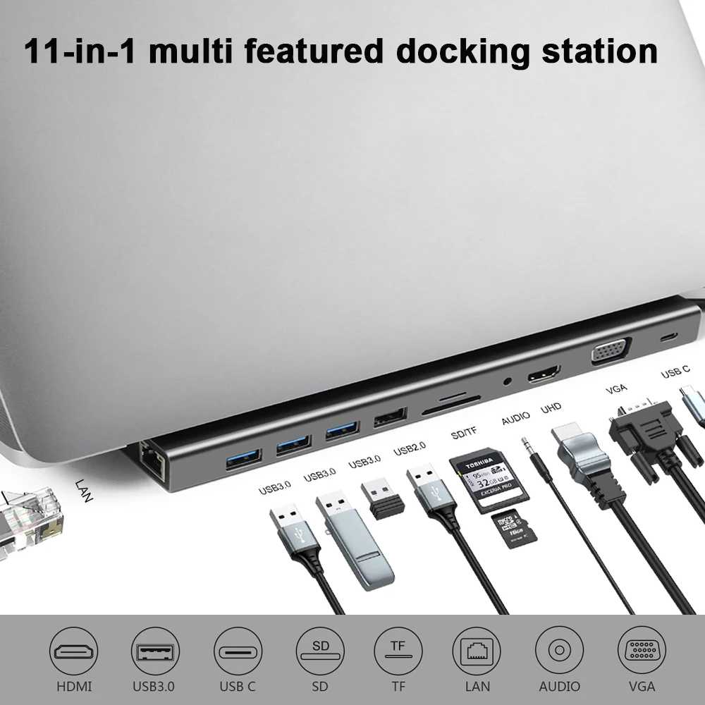 11 в 1 USB C концентратор для MacBook Pro USB-C типа до 4KHD VGA RJ45 SD/TF множественные порты 3.0 Type-C с адаптером питания PD.