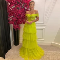 xijun lemon yellow tiered ruffles tulle prom dresses off the shoulder a line dubai women long evening gown formal party dress