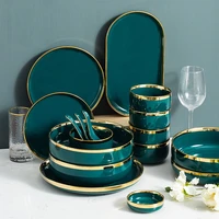 59pcs use tableware set green ceramic plates and bowls set dinnerware set with spoon bowl dessert plate steak plate dish sets